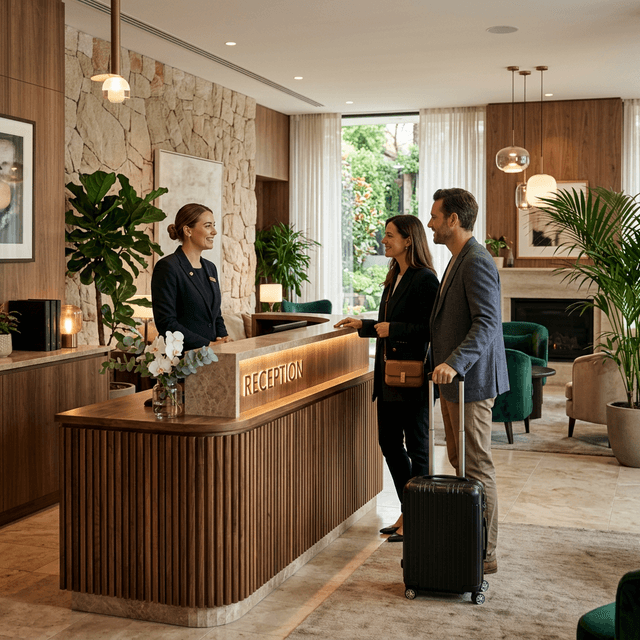 Boutique hotel reception with warm hospitality atmosphere