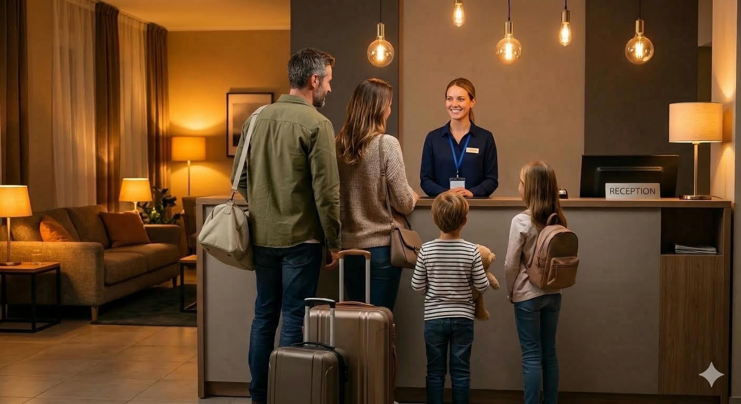 Family checking in at hotel reception
