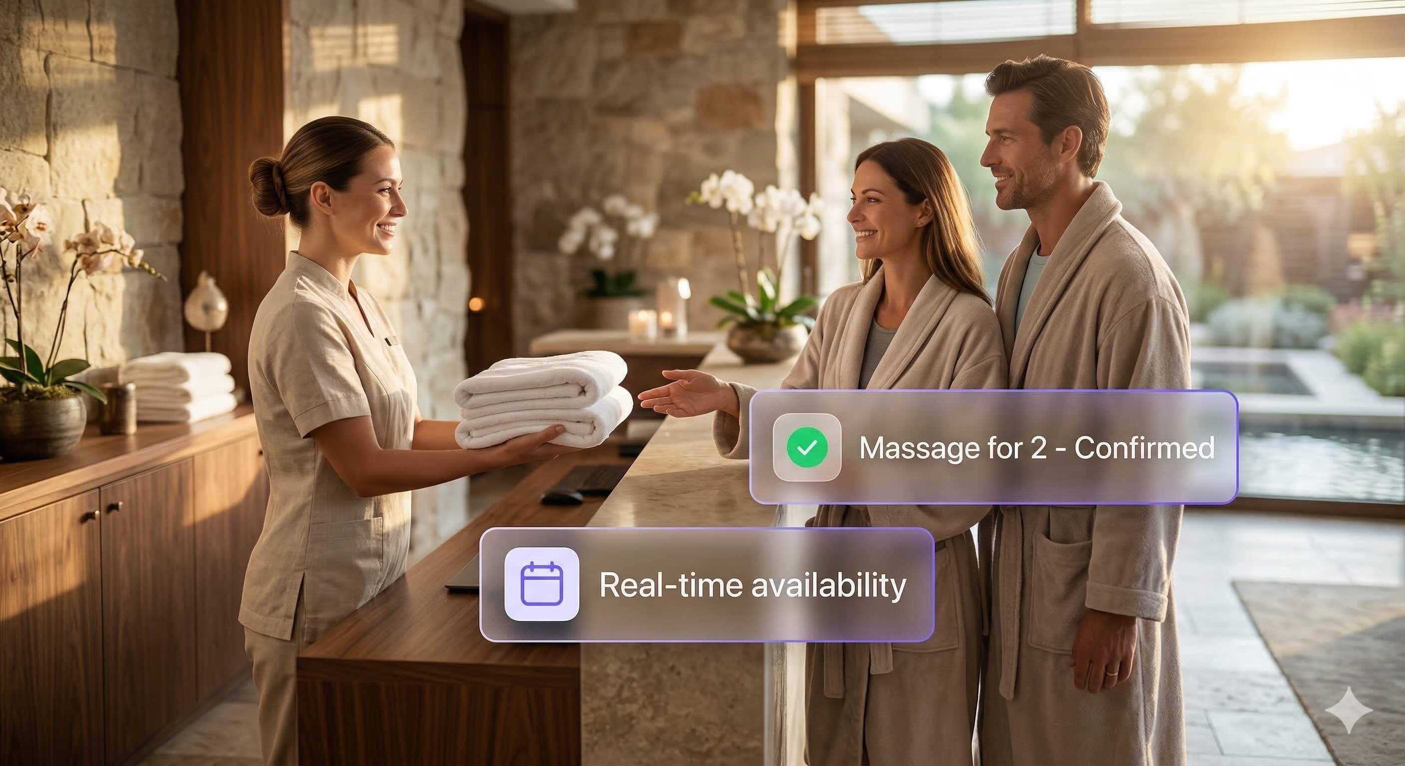 A clean digital booking calendar interface alongside a serene hotel room setting
