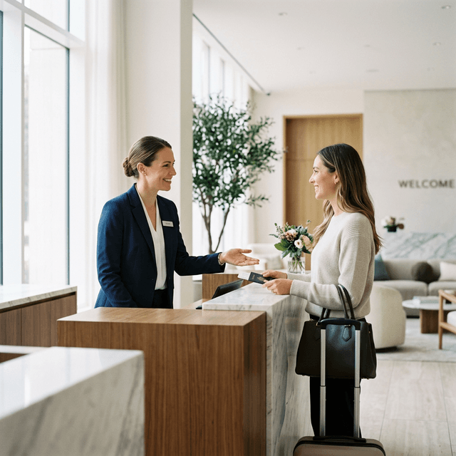 Hotel staff greeting a guest with a warm smile