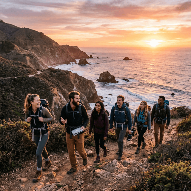 Group exploring a scenic landscape, representing destination experiences