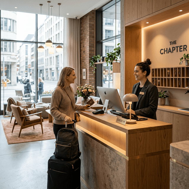 Boutique hotel reception with warm hospitality atmosphere
