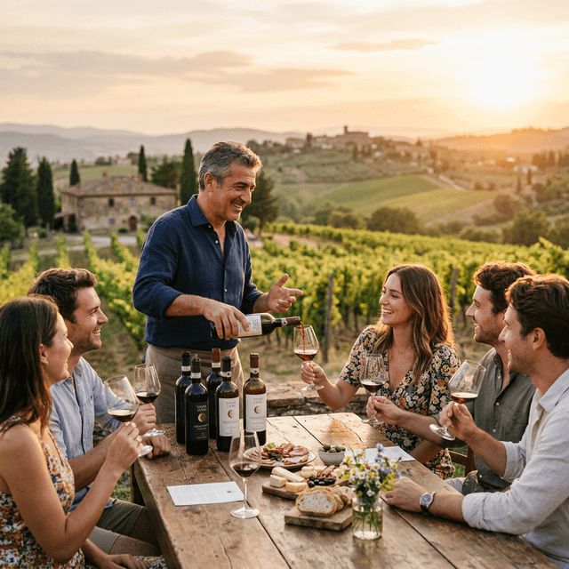 Experience provider leading a wine tasting at golden hour